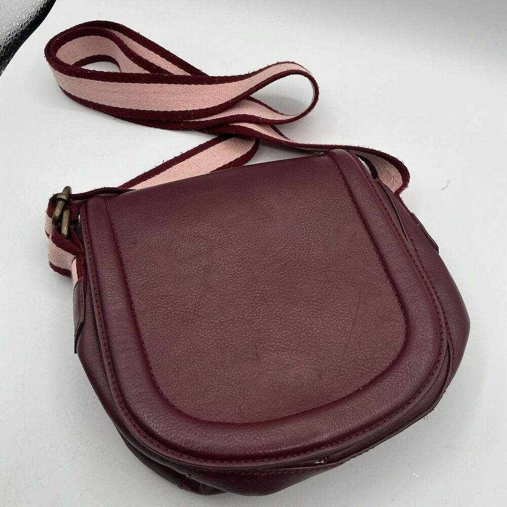 Vintage Burgundy Leather Saddle Crossbody Bag Pink Stripe Strap Boho Purse